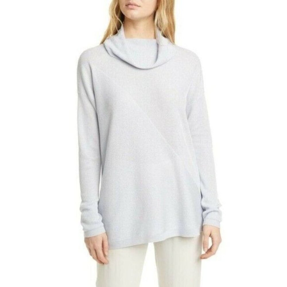 Eileen Fisher Sweater Tencel® Lyocell & Silk Cowl Neck Rain Blue Sz L NEW $268